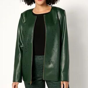 Susan Graver Sz L Deep Green Pine Faux Leather Jacket With Laser Cut Detail NWOT